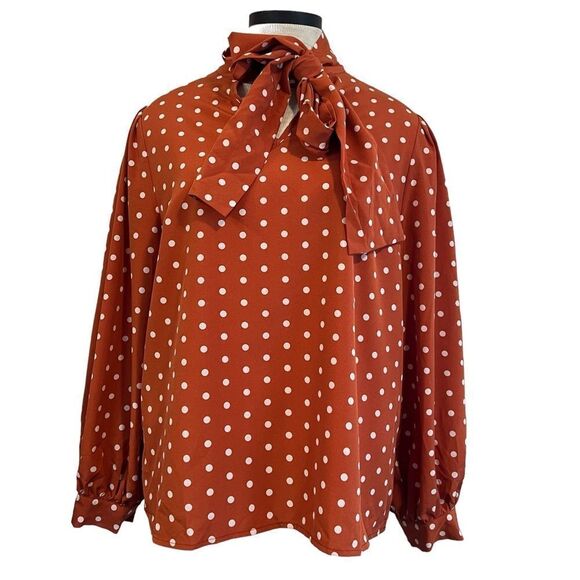 Tops - Orange and white polka dot tie neck long sleeve blouse size 2x vintage style